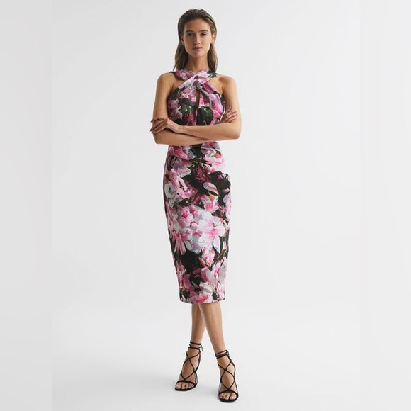 Reiss Ella Dress Floral Print Halter Midi Size‎ 4 Pink D65870 - Picture 1 of 15
